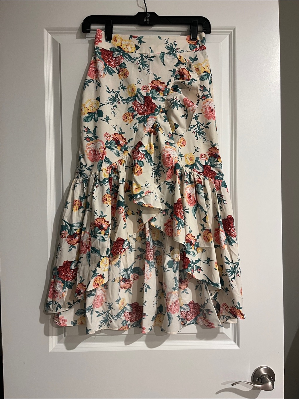 Cream Floral High-Low Ruffle Midi Skirt